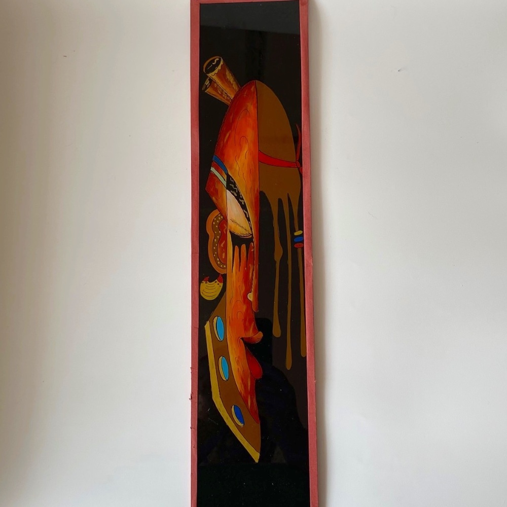 Vintage African REVERSE GLASS PAINT Stylized Tribal's Man Face Wall Art Rare Fin